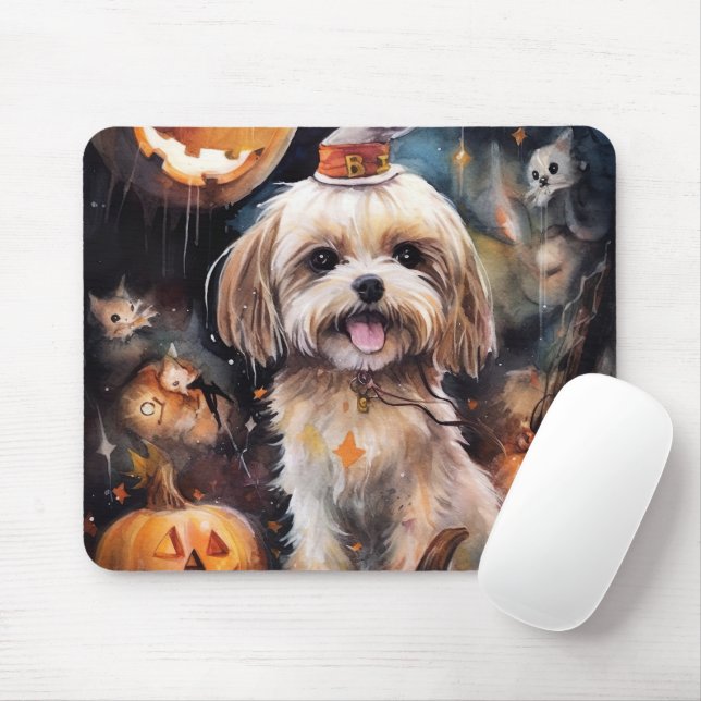 Tapis De Souris Halloween Lhassa Apso Avec Peur Citrouille (Avec souris)