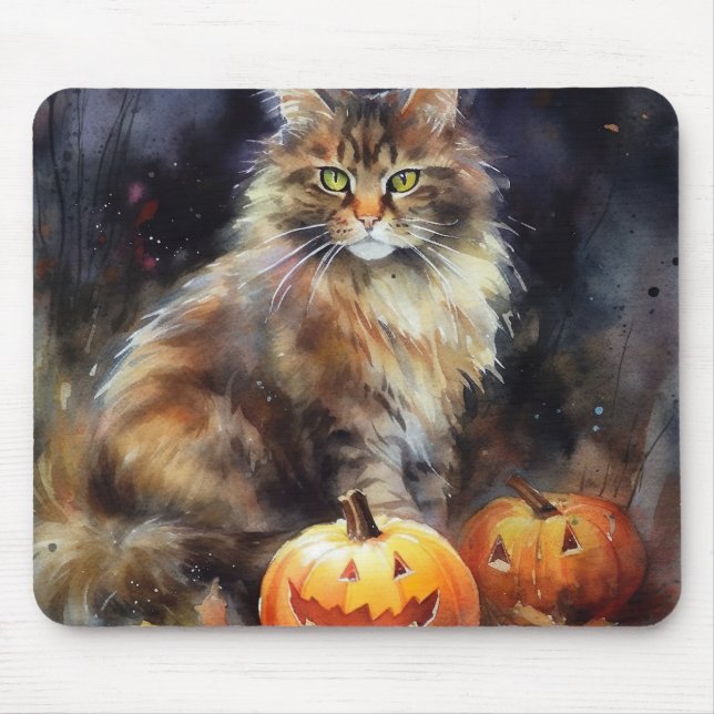 Tapis De Souris Halloween Maine Coon Chat Avec Crainte Citrouille (Devant)