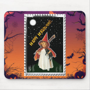 Tapis De Souris Halloween - Petite Fille avec Balai et Chat Noir