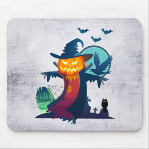 Tapis De Souris Halloween Scarecrow With Bats Crow and Owl