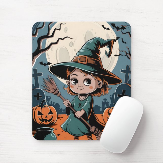 Tapis De Souris Halloween - sorcière à balai (Avec souris)