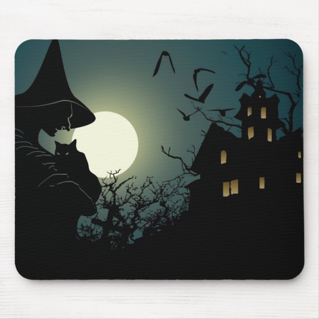 Tapis De Souris Halloween : sorcière et maison hantée (Devant)