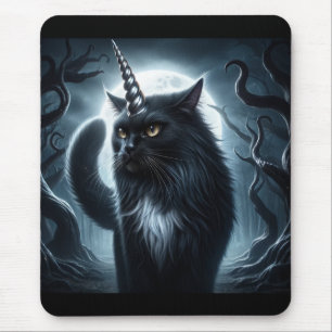 Tapis De Souris Halloween Unicorn Chat noir Forêt hantée