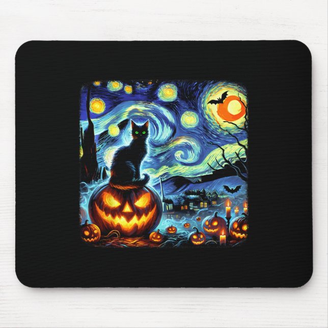 Tapis De Souris Halloween Van Gogh Starry Night Chat noir Citrouil (Devant)