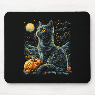 Tapis De Souris Halloween Van Gogh Starry Night Chat noir Citrouil