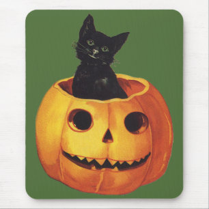 Tapis De Souris Halloween vintage, Chat noir mignon dans un Citrou