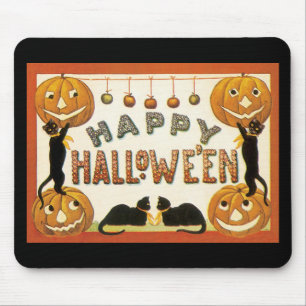 Tapis De Souris Halloween vintage, Chats noirs avec Jackolanterns