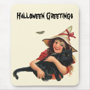 Tapis De Souris Halloween vintage, sorcière avec chat noir