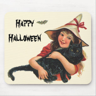 Tapis De Souris Halloween vintage, sorcière avec chat noir