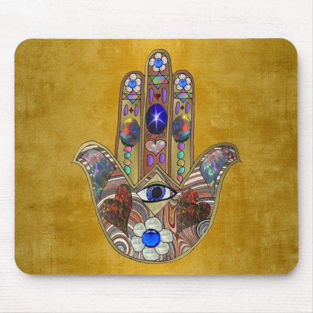 Tapis De Souris Hamsa Cœurs Fleurs Opale Art sur Or (Devant)