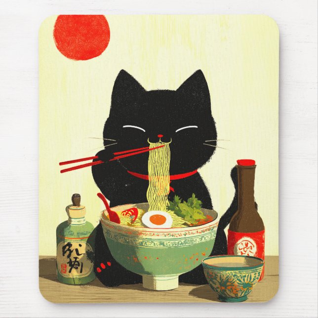 Tapis De Souris Happy Black Cat Eating Ramen | Japanese Ukiyo-e (Devant)