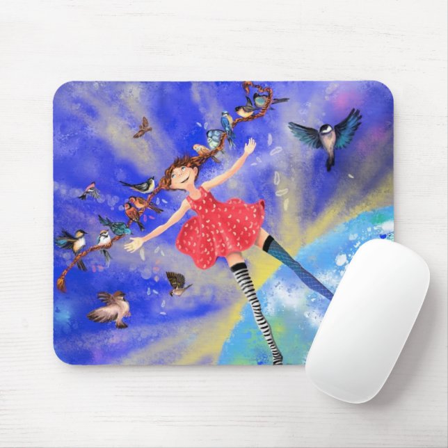 Tapis De Souris Happy Girl with Birds (Avec souris)