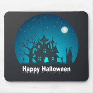 Tapis De Souris Happy Halloween Maison hantée bleue et noire
