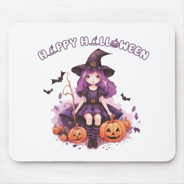 Tapis De Souris Happy Halloween violet sorcière Citrouilles et cha (Devant)