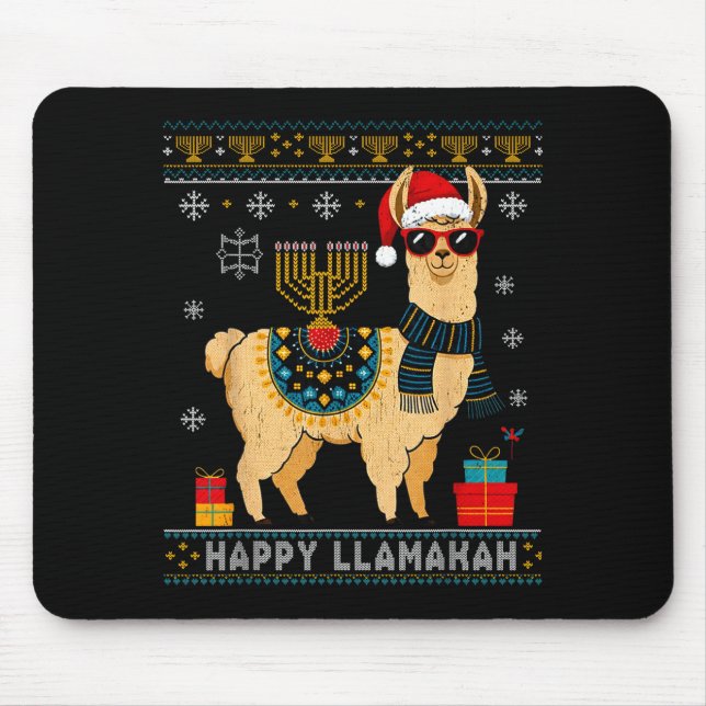Tapis De Souris Happy Llamakah Funny Ugly Hanukkah Sweater Llama P (Devant)