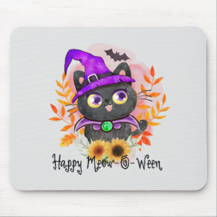 Tapis De Souris Happy Meow-o-ween -Chat Sorcière Noire