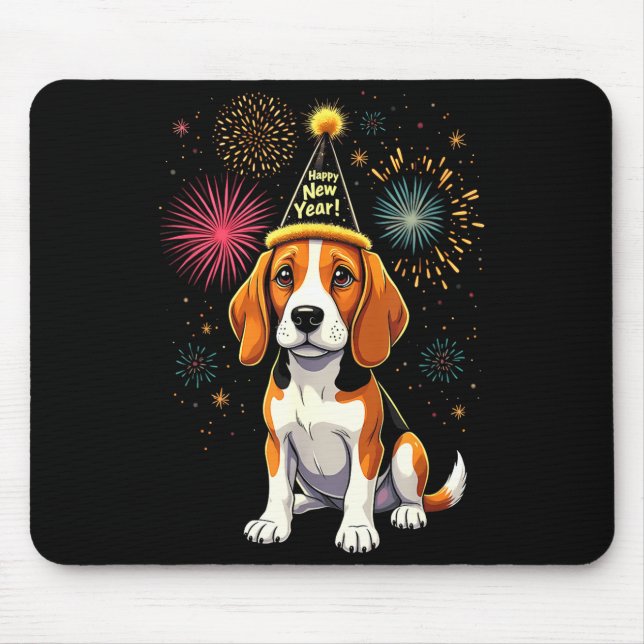 Tapis De Souris Happy New Year 2025 Eve Firework Dog Funny Beagle  (Devant)