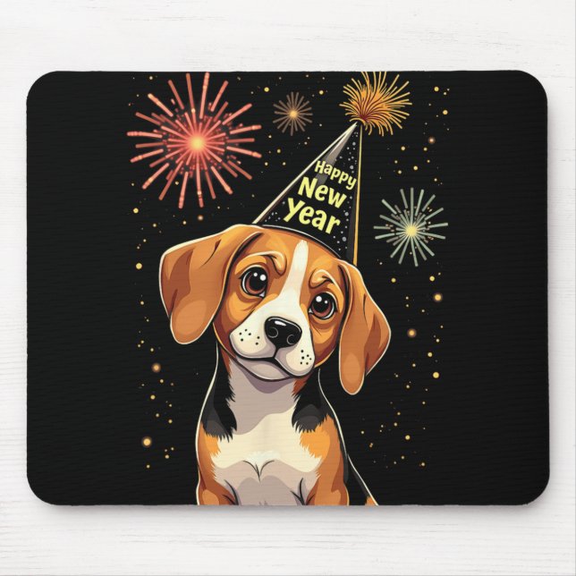 Tapis De Souris Happy New Year 2025 Eve Firework Dog Funny Beagle  (Devant)