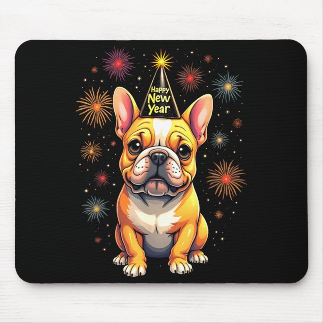 Tapis De Souris Happy New Year 2025 Eve Firework Dog Funny French  (Devant)