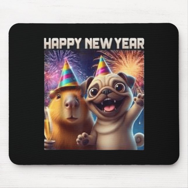 Tapis De Souris Happy New Year 2026 Capybara Pug Party Art  (Devant)