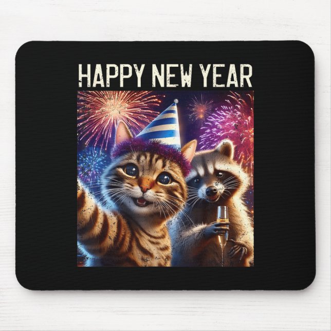 Tapis De Souris Happy New Year 2026 Cute Cat Raccoon Celebration  (Devant)