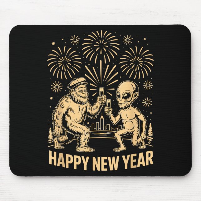 Tapis De Souris Happy New Year 2026 Funny Bigfoot And Alien Lovers (Devant)