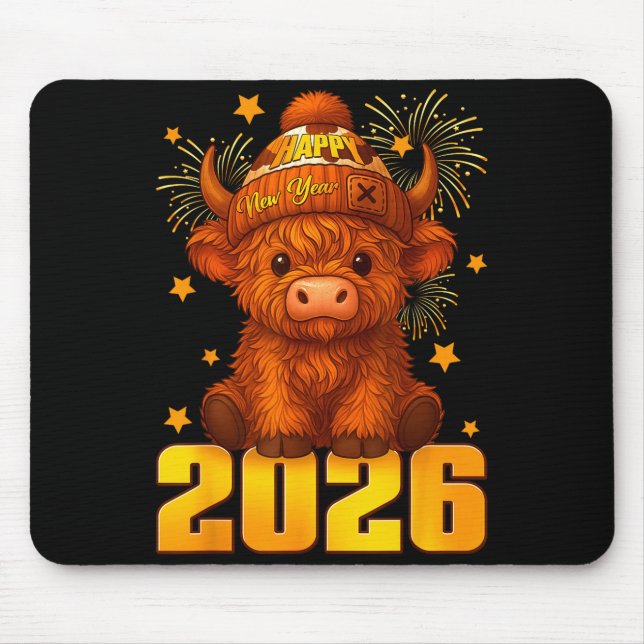 Tapis De Souris Happy New Year 2026 Highland Cow &amp; Party Hat N (Devant)