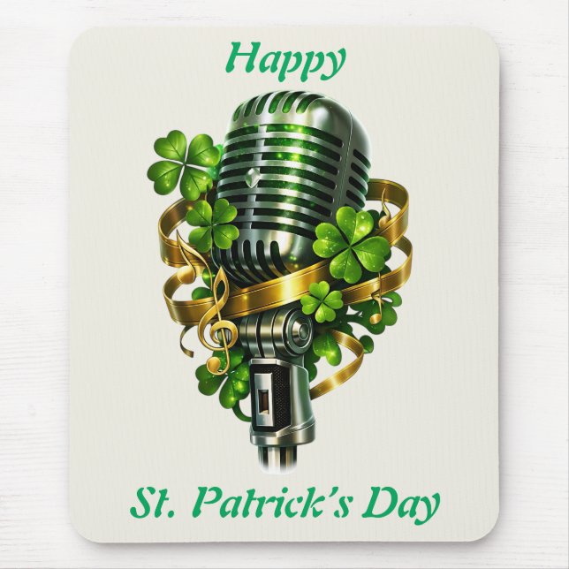 Tapis De Souris Happy St. Patrick’s Day Shamrock & Microphone (Devant)