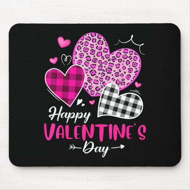 Tapis De Souris Happy Valentine's Day Leopard And Plaid Hearts Gir (Devant)