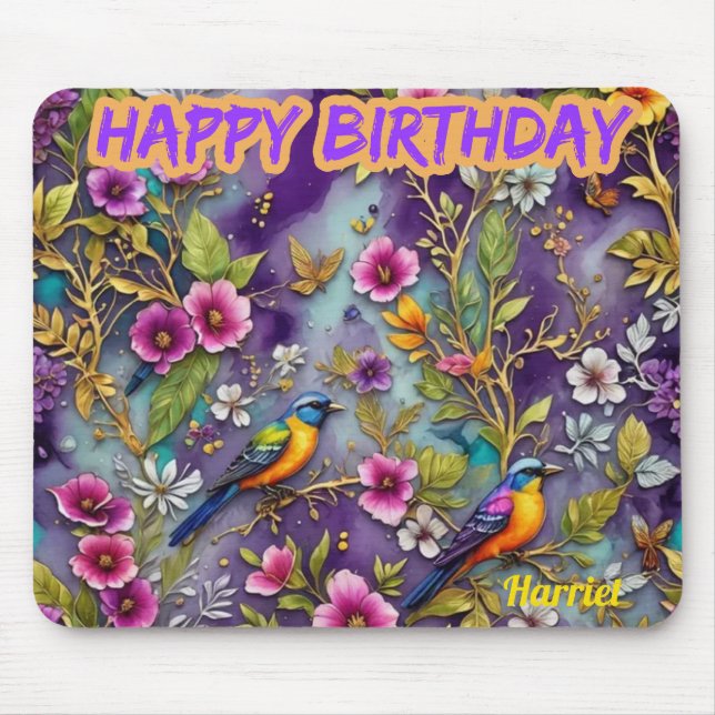 Tapis De Souris HARRIET ~ Oiseaux Fleurs ~ Salut d'anniversaire ~ (Devant)