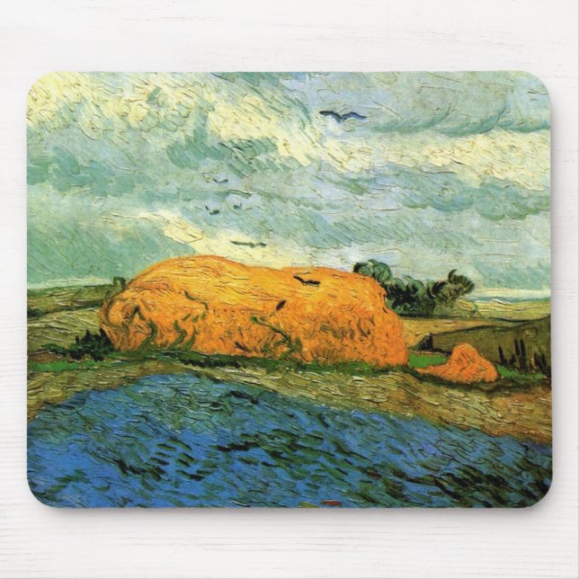 Tapis De Souris Haystacks Under a Rainy Sky par Vincent van Gogh (Devant)