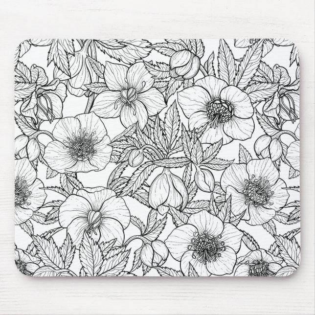 Tapis De Souris Hellebores en noir et blanc (Devant)