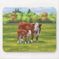Hereford Cow & Cute Calf dans les pâturages d'été
