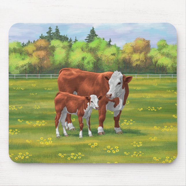 Tapis De Souris Hereford Cow & Cute Calf dans les pâturages d'été (Devant)