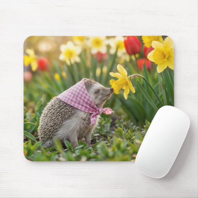 Tapis De Souris Hérisson sentant un narcisse jaune (Avec souris)