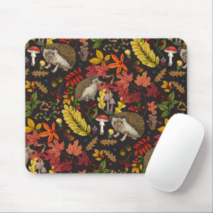 Tapis De Souris Hérissons et flore de forêt automnale sur fond noi