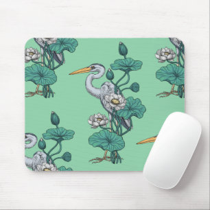 Tapis De Souris Héron dans le jardin de lotus blanc sur jade