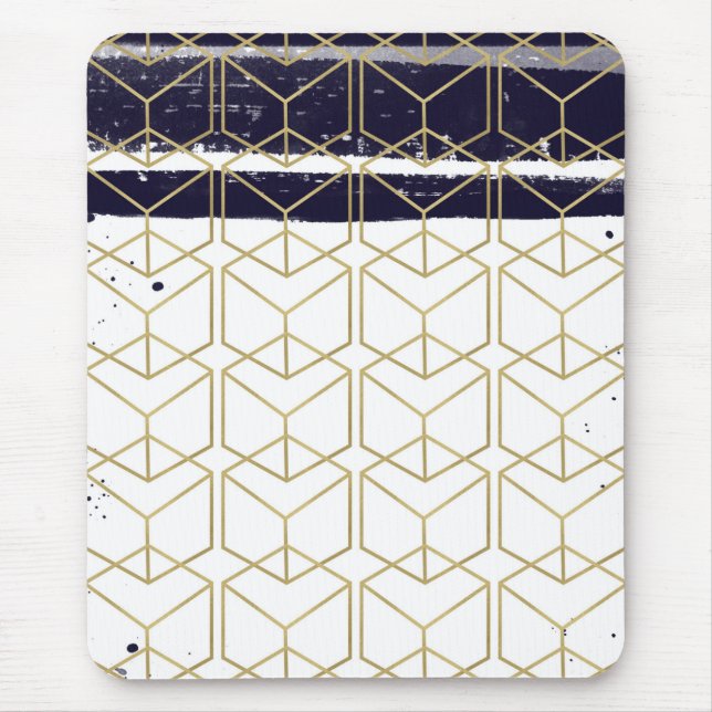Tapis De Souris Hexagon Modern Marine Blue Gold Glam géométrique (Devant)