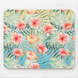 Tapis De Souris Hibiscus Floral de Pêche Rose Aqua Jaune