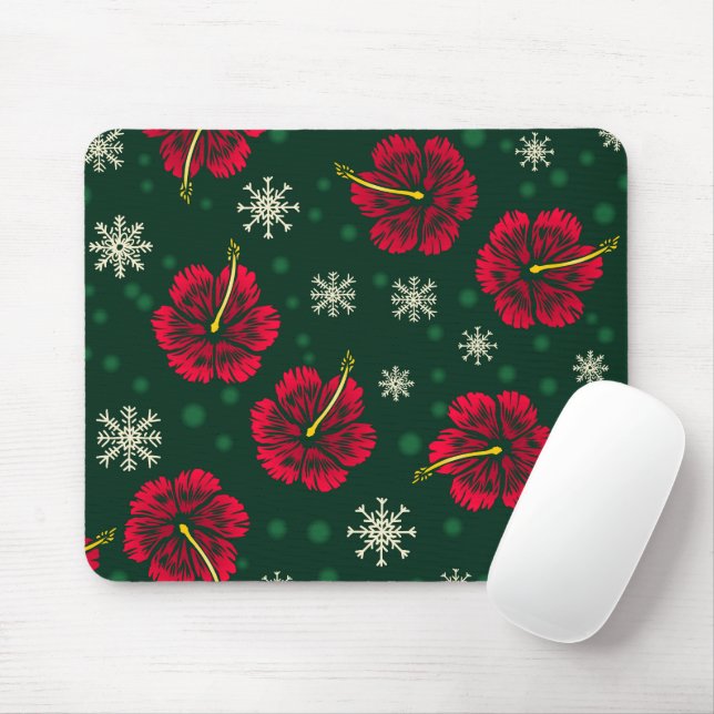 Tapis De Souris Hibiscus floral tropical Snowflakes Noël | (Avec souris)