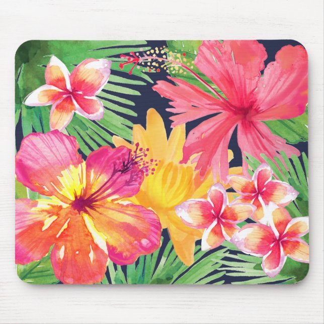 Tapis De Souris Hibiscus rose tropical Plumeria bleu marine (Devant)