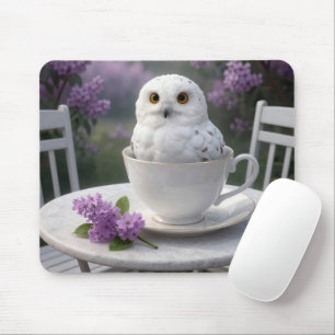 Tapis De Souris Hibou blanc dans une tasse à thé avec des lilas