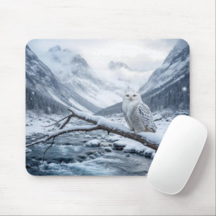 Tapis De Souris Hibou Blanc Sur une Branche d'Arbre en Hiver