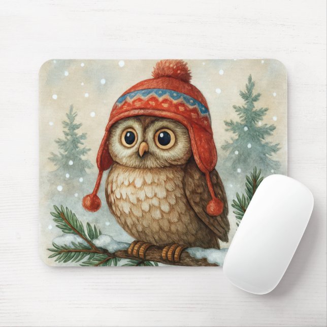 Tapis De Souris Hibou dans un bonnet d'hiver (Avec souris)