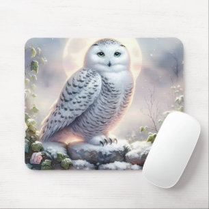 Tapis De Souris Hibou des neiges dans un jardin d'hiver au clair d