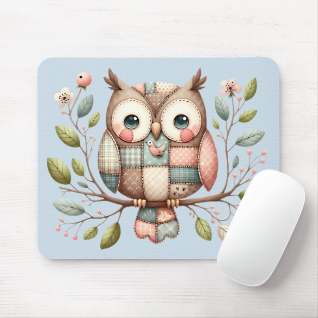 Tapis De Souris Hibou Patchwork dans une Forêt Fantaisiste (Avec souris)