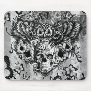 Tapis De Souris Hibou perdu et trouvé, floral avec le crâne de