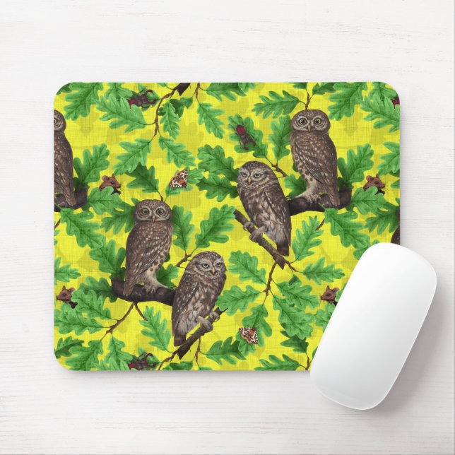 Tapis De Souris Hiboux dans la forêt sur fond jaune citron (Avec souris)