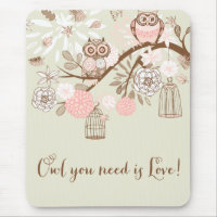 Hiboux et cages à oiseaux roses rustiques Mousepad