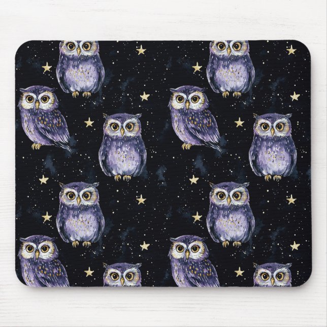 Tapis De Souris Hiboux Violets Étoiles Magiques (Devant)